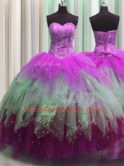 Fabulous Visible Boning Beading and Ruffles and Sequins Sweet 16 Dress Multi-color Lace Up Sleeveless Floor Length