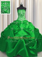 Floor Length Green Quince Ball Gowns Taffeta Sleeveless Beading and Appliques and Embroidery