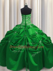 Floor Length Green Quince Ball Gowns Taffeta Sleeveless Beading and Appliques and Embroidery