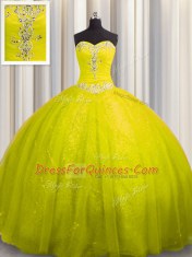 Yellow Ball Gown Prom Dress Tulle and Sequined Court Train Sleeveless Beading and Appliques