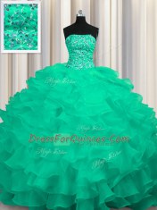 Turquoise Organza Lace Up Sweet 16 Dress Sleeveless Sweep Train Beading and Ruffles