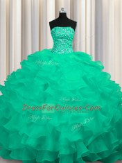 Turquoise Organza Lace Up Sweet 16 Dress Sleeveless Sweep Train Beading and Ruffles