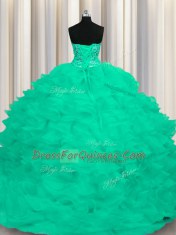 Turquoise Organza Lace Up Sweet 16 Dress Sleeveless Sweep Train Beading and Ruffles