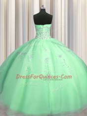 Puffy Skirt Apple Green Ball Gowns Organza Sweetheart Sleeveless Beading and Appliques Floor Length Zipper Vestidos de Quinceanera