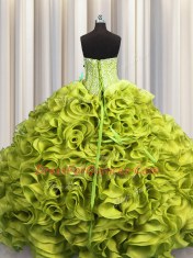 Traditional Visible Boning Sleeveless Organza Floor Length Lace Up Vestidos de Quinceanera in Olive Green with Beading and Ruffles