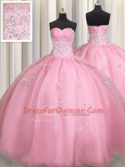 Pretty Organza Sweetheart Sleeveless Zipper Beading and Appliques Quinceanera Gown in Rose Pink