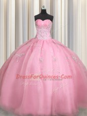 Pretty Organza Sweetheart Sleeveless Zipper Beading and Appliques Quinceanera Gown in Rose Pink