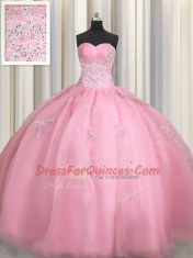 Pretty Organza Sweetheart Sleeveless Zipper Beading and Appliques Quinceanera Gown in Rose Pink