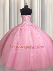 Pretty Organza Sweetheart Sleeveless Zipper Beading and Appliques Quinceanera Gown in Rose Pink