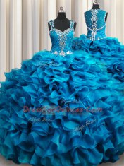 Zipple Up See Through Back Teal Ball Gowns Straps Sleeveless Organza Floor Length Zipper Beading and Ruffles Quinceanera Dresses