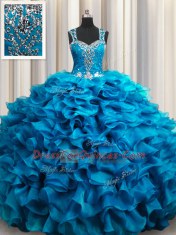 Zipple Up See Through Back Teal Ball Gowns Straps Sleeveless Organza Floor Length Zipper Beading and Ruffles Quinceanera Dresses