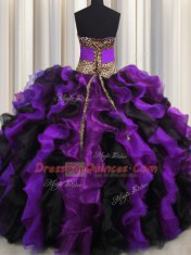 Clearance Leopard Multi-color Organza Lace Up V-neck Sleeveless Floor Length Quinceanera Gown Beading and Ruffles