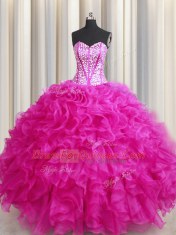 High Class Visible Boning Bling-bling Hot Pink Lace Up Ball Gown Prom Dress Beading and Ruffles Sleeveless Floor Length