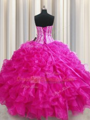 High Class Visible Boning Bling-bling Hot Pink Lace Up Ball Gown Prom Dress Beading and Ruffles Sleeveless Floor Length