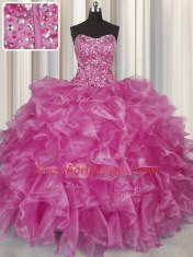 Visible Boning Fuchsia Quinceanera Gown Military Ball and Sweet 16 and Quinceanera and For with Beading and Ruffles Strapless Sleeveless Lace Up