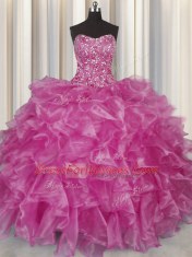 Visible Boning Fuchsia Quinceanera Gown Military Ball and Sweet 16 and Quinceanera and For with Beading and Ruffles Strapless Sleeveless Lace Up