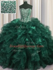 Dramatic Visible Boning Bling-bling Organza Sweetheart Sleeveless Brush Train Lace Up Beading and Ruffles Ball Gown Prom Dress in Turquoise