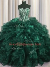 Dramatic Visible Boning Bling-bling Organza Sweetheart Sleeveless Brush Train Lace Up Beading and Ruffles Ball Gown Prom Dress in Turquoise