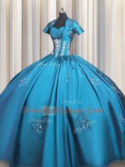 Inexpensive Teal Ball Gowns Sweetheart Short Sleeves Taffeta Floor Length Lace Up Beading and Appliques and Ruching 15th Birthday Dress