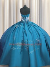 Inexpensive Teal Ball Gowns Sweetheart Short Sleeves Taffeta Floor Length Lace Up Beading and Appliques and Ruching 15th Birthday Dress