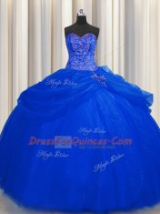 Simple Big Puffy Royal Blue Sleeveless Floor Length Beading Lace Up Quinceanera Dress