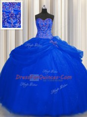 Simple Big Puffy Royal Blue Sleeveless Floor Length Beading Lace Up Quinceanera Dress