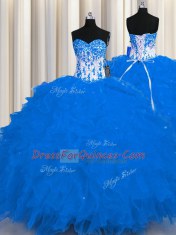 Royal Blue Ball Gowns Appliques and Ruffles Vestidos de Quinceanera Lace Up Organza Sleeveless Floor Length
