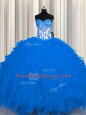 Royal Blue Ball Gowns Appliques and Ruffles Vestidos de Quinceanera Lace Up Organza Sleeveless Floor Length