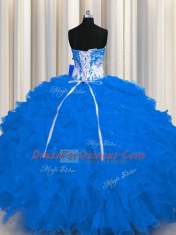 Royal Blue Ball Gowns Appliques and Ruffles Vestidos de Quinceanera Lace Up Organza Sleeveless Floor Length