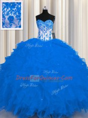 Royal Blue Ball Gowns Appliques and Ruffles Vestidos de Quinceanera Lace Up Organza Sleeveless Floor Length