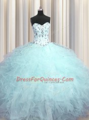 Pretty Visible Boning Floor Length Light Blue 15 Quinceanera Dress Sweetheart Sleeveless Lace Up