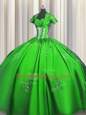 Short Sleeves Floor Length Beading and Appliques and Ruching Lace Up Quinceanera Gown with