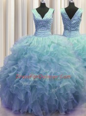 Zipper Up Baby Blue V-neck Zipper Ruffles Vestidos de Quinceanera Sleeveless