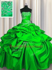 Floor Length Lace Up Sweet 16 Quinceanera Dress Green for Military Ball and Sweet 16 and Quinceanera with Appliques and Pick Ups