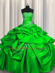 Floor Length Lace Up Sweet 16 Quinceanera Dress Green for Military Ball and Sweet 16 and Quinceanera with Appliques and Pick Ups