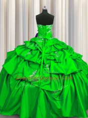 Floor Length Lace Up Sweet 16 Quinceanera Dress Green for Military Ball and Sweet 16 and Quinceanera with Appliques and Pick Ups