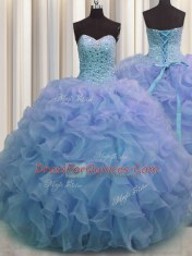 Luxury Organza Sweetheart Sleeveless Lace Up Beading and Ruffles Quinceanera Dress in Blue