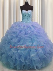 Luxury Organza Sweetheart Sleeveless Lace Up Beading and Ruffles Quinceanera Dress in Blue