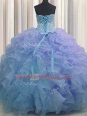 Luxury Organza Sweetheart Sleeveless Lace Up Beading and Ruffles Quinceanera Dress in Blue