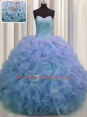 Luxury Organza Sweetheart Sleeveless Lace Up Beading and Ruffles Quinceanera Dress in Blue