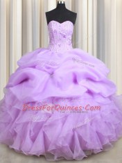 Visible Boning Lilac Sweetheart Neckline Beading and Ruffles and Pick Ups Quinceanera Dress Sleeveless Lace Up