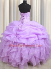 Visible Boning Lilac Sweetheart Neckline Beading and Ruffles and Pick Ups Quinceanera Dress Sleeveless Lace Up