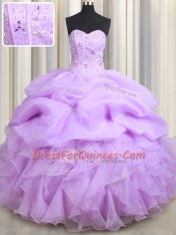Visible Boning Lilac Sweetheart Neckline Beading and Ruffles and Pick Ups Quinceanera Dress Sleeveless Lace Up
