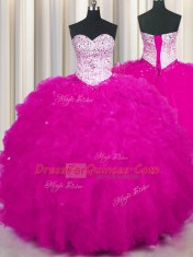 Simple Floor Length Fuchsia Quinceanera Gown Tulle Sleeveless Beading and Ruffles