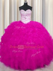Simple Floor Length Fuchsia Quinceanera Gown Tulle Sleeveless Beading and Ruffles