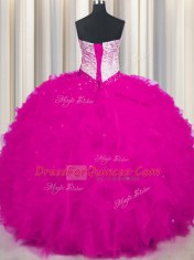 Simple Floor Length Fuchsia Quinceanera Gown Tulle Sleeveless Beading and Ruffles