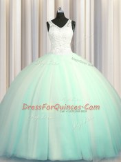 Big Puffy Zipper Up V-neck Sleeveless Sweet 16 Dresses With Brush Train Beading and Appliques Apple Green Tulle