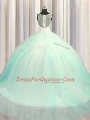 Big Puffy Zipper Up V-neck Sleeveless Sweet 16 Dresses With Brush Train Beading and Appliques Apple Green Tulle