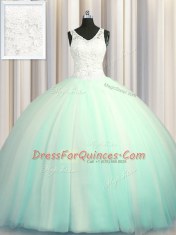 Big Puffy Zipper Up V-neck Sleeveless Sweet 16 Dresses With Brush Train Beading and Appliques Apple Green Tulle