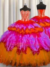 Fashionable Bling-bling Visible Boning Tulle Sweetheart Sleeveless Lace Up Beading and Ruffles and Ruffled Layers and Sequins Quinceanera Gown in Multi-color